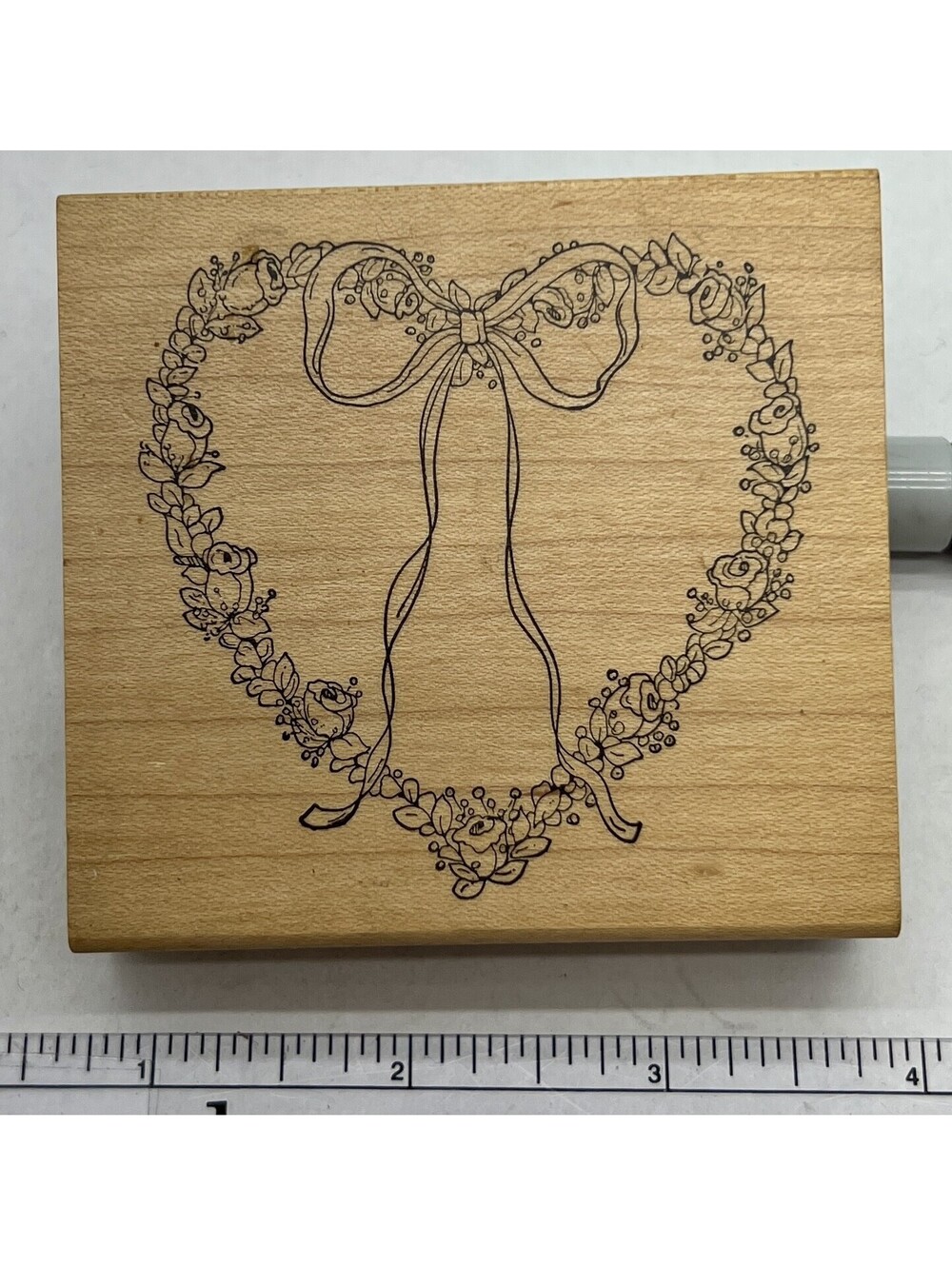 Vintage Floral Rose Heart Wreath Bow Wood Mounted Rubber Stamp Large